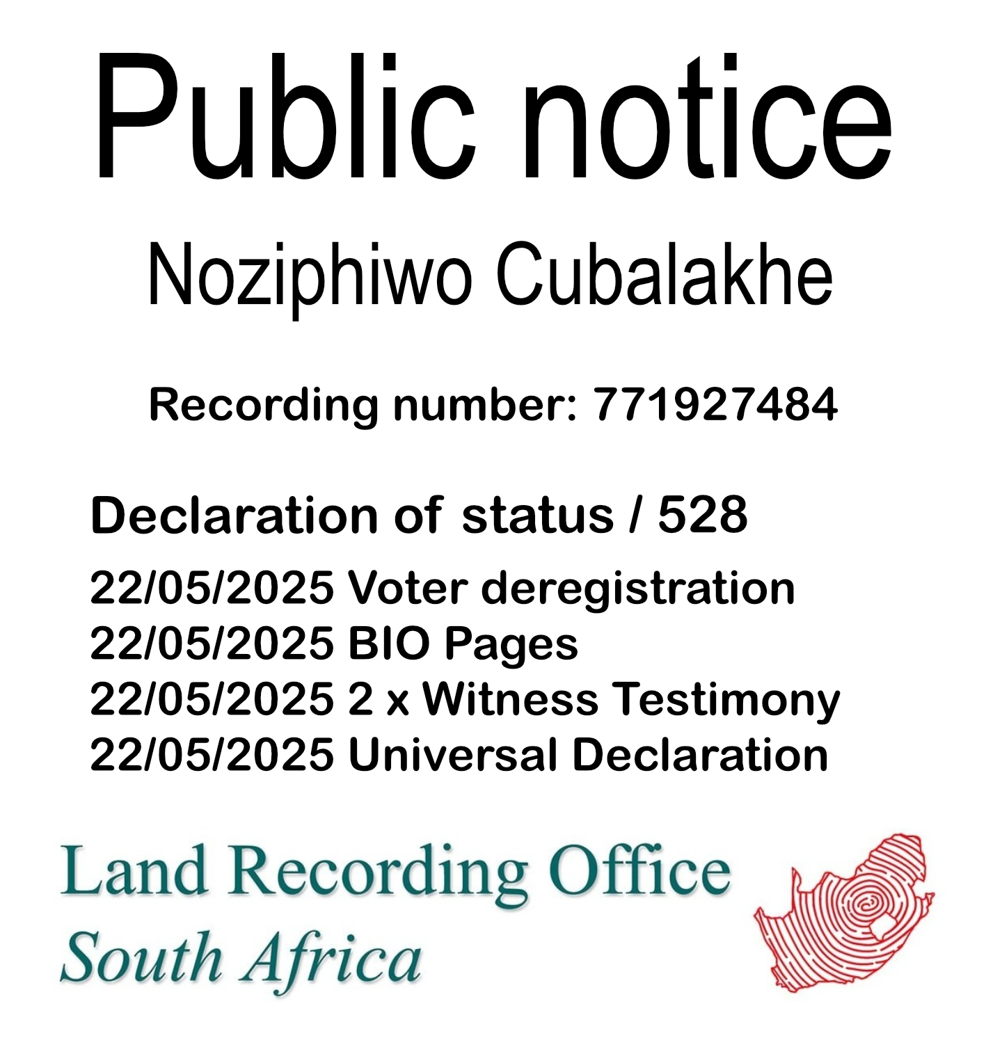 Public Notice Noziphiwo Cubalakhe (c) Recording number 771927484